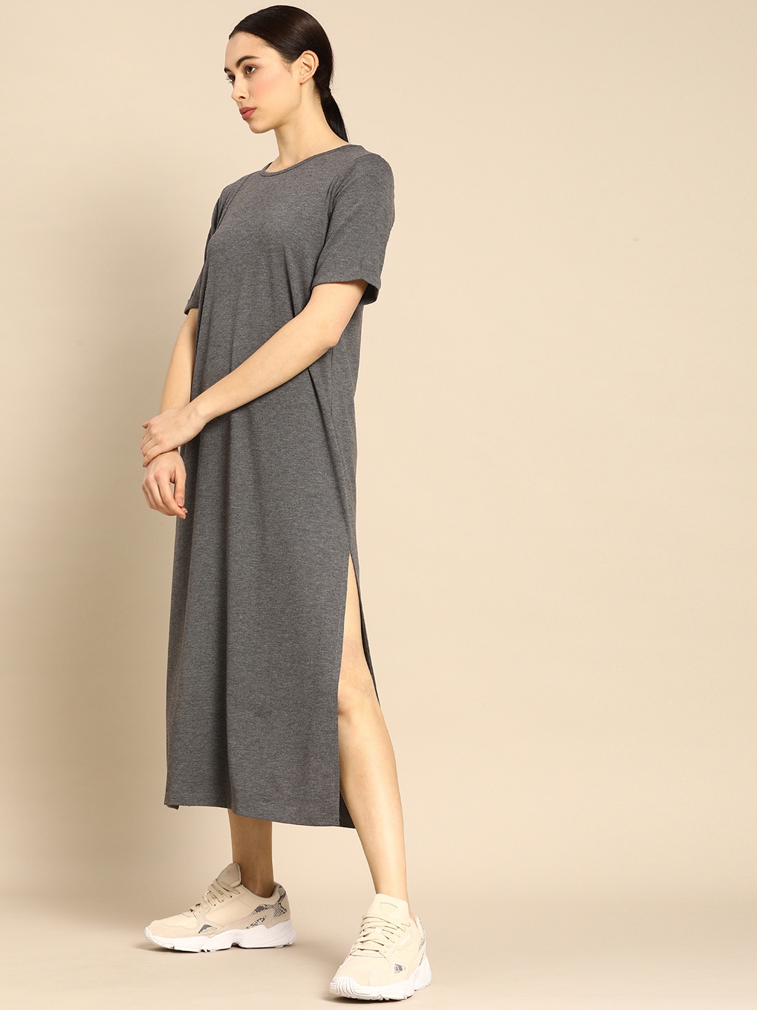 

ether Women Charcoal Grey Solid T-Shirt Maxi Dress