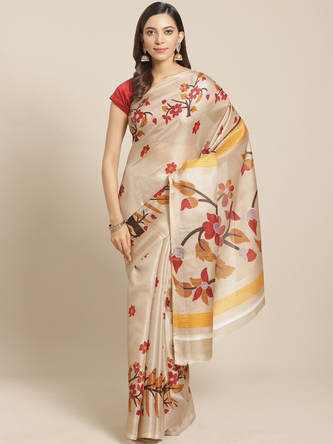 

KALINI Beige & Red Printed Mysore Silk Saree