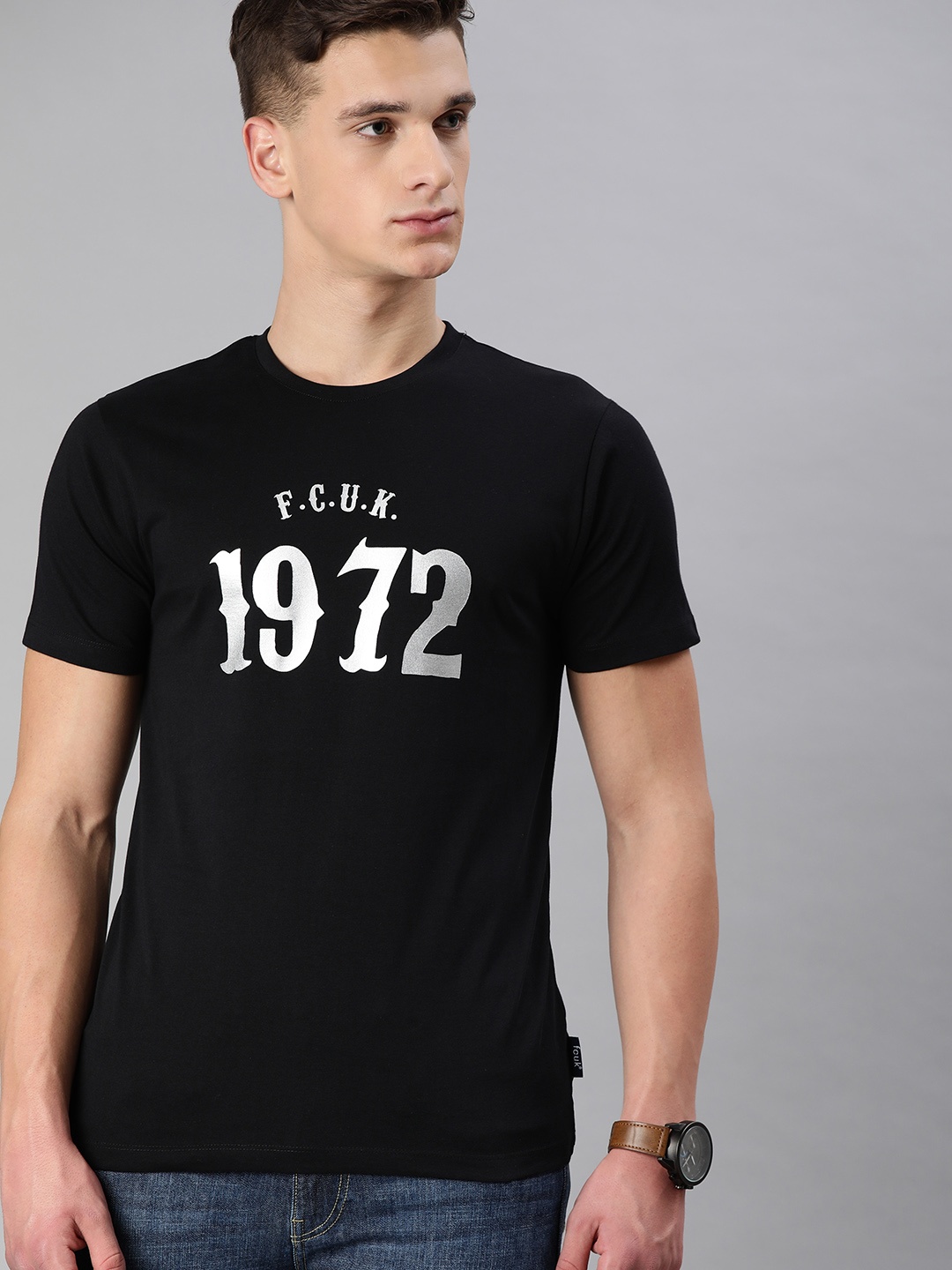 

French Connection Men Black Silver Brand Logo Print Slim Fit Pure Cotton T-shirt