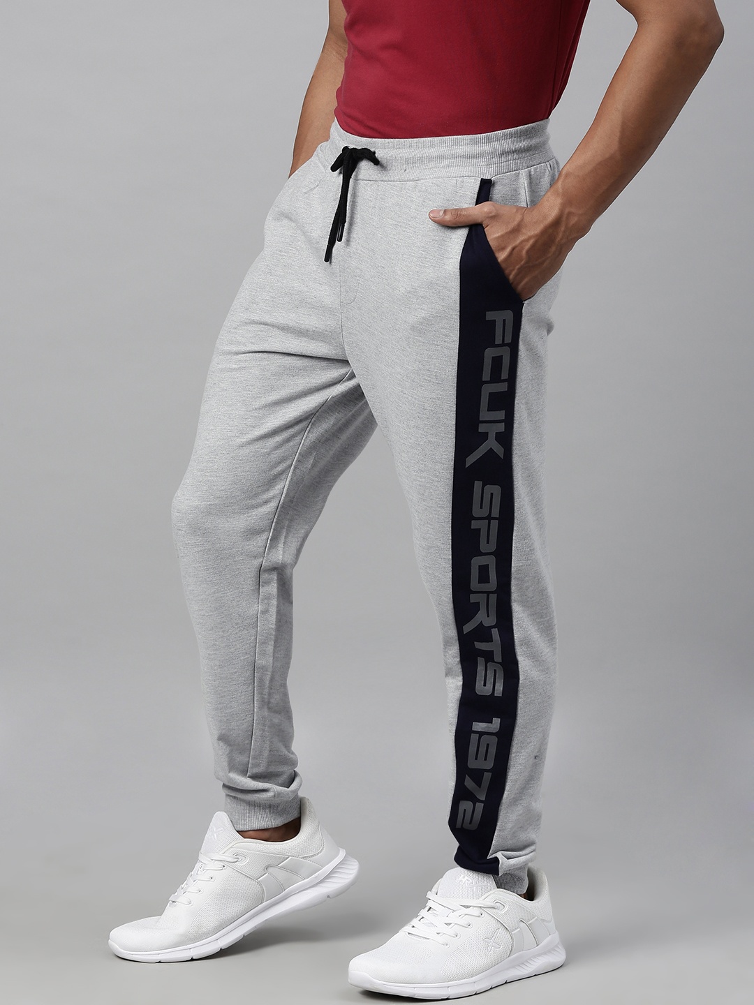 

French Connection Men Grey Melange Solid Slim Fit Joggers With Side Stripes