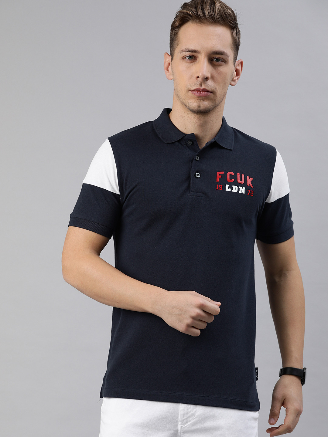 

French Connection Men Navy Blue Slim Fit Solid Polo Collar Pure Cotton T-shirt with Printed Detailing