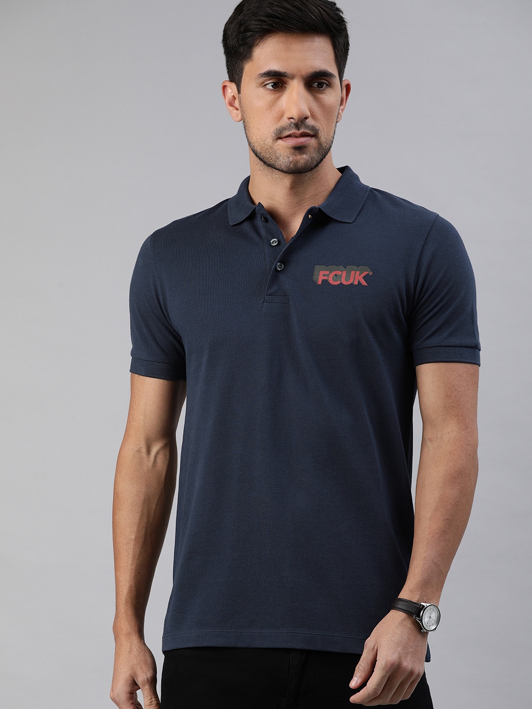 

French Connection Men Navy Blue Slim Fit Solid Polo Collar Pure Cotton T-shirt