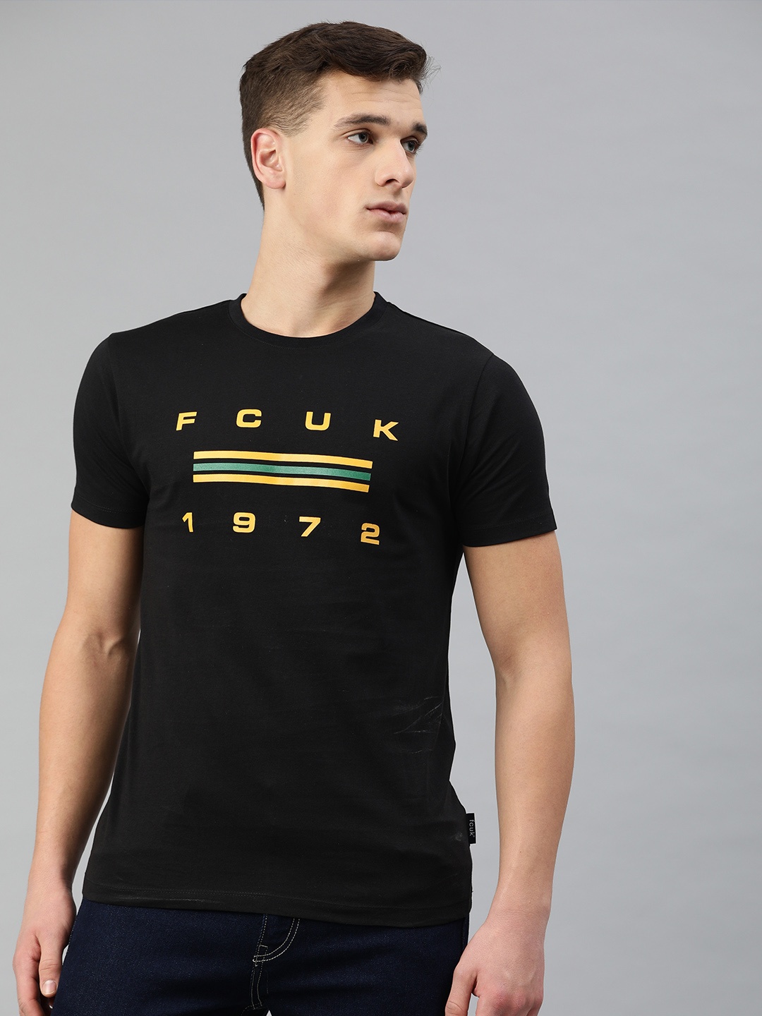 

French Connection Men Black Printed Round Neck Pure Cotton T-shirt
