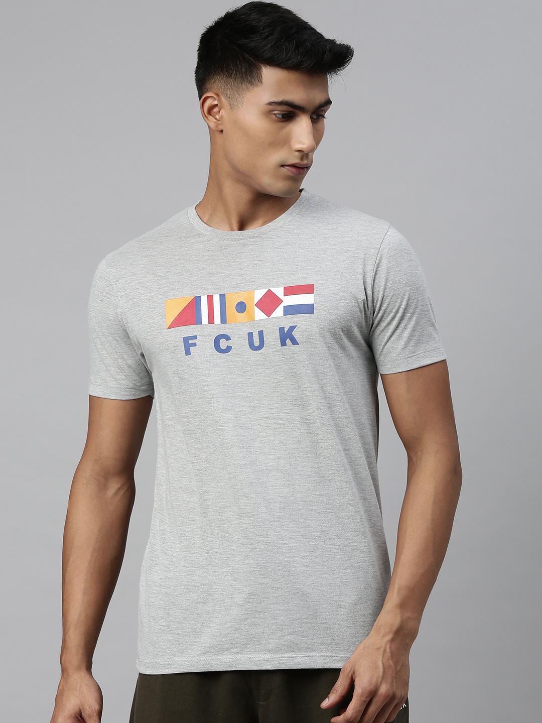 

French Connection Men Grey Melange Printed Round Neck T-shirt