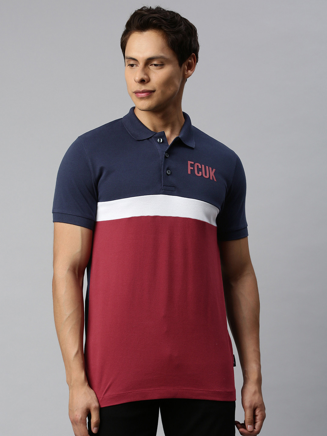 

French Connection Men Navy Blue Red Colourblocked Polo Collar Pure Cotton T-shirt