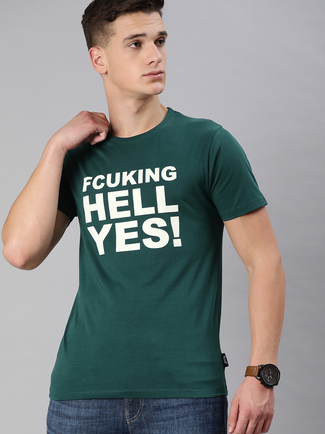

French Connection Men Green Printed Pure Cotton Round Neck T-shirt