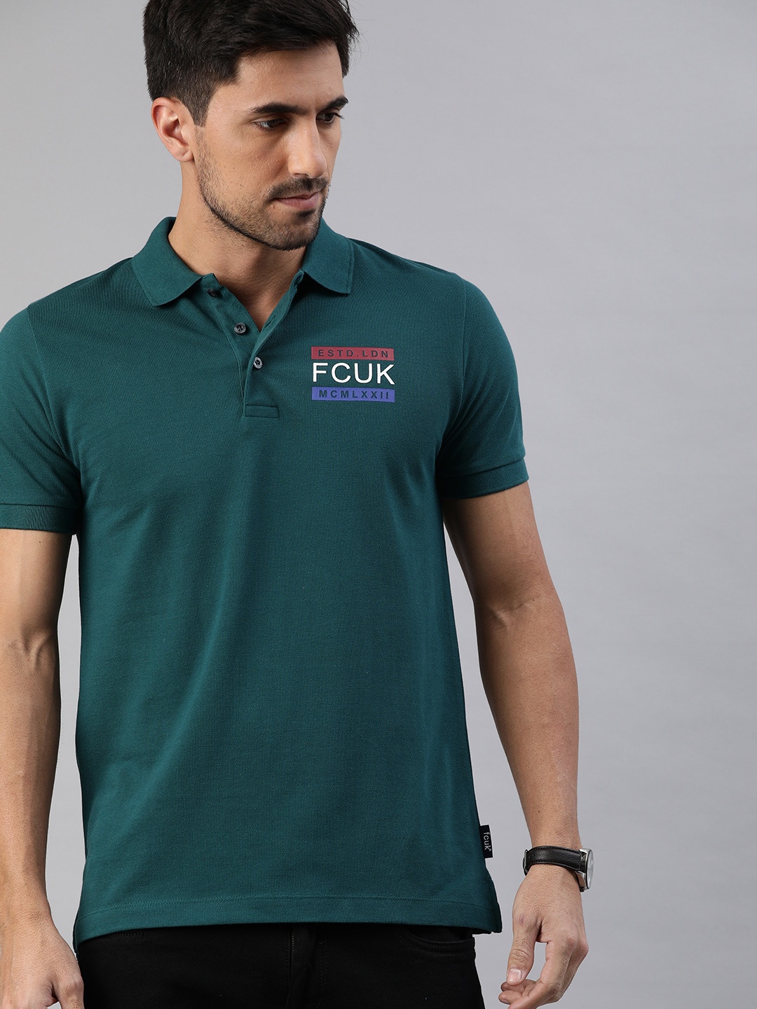 

French Connection Men Teal Green Slim Fit Solid Polo Collar Pure Cotton T-shirt with Printed Detailing
