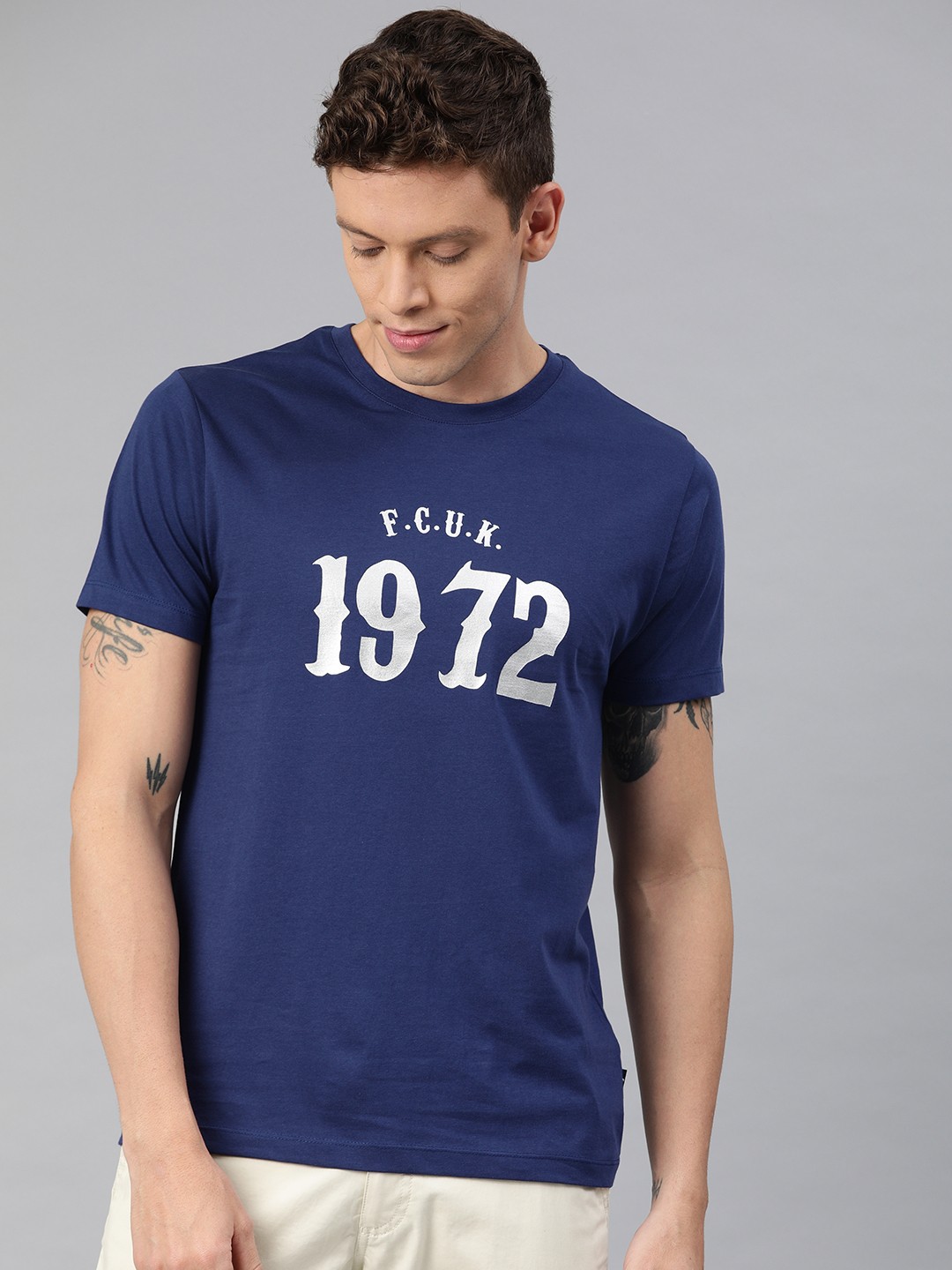 

French Connection Men Navy Blue Printed Round Neck T-shirt