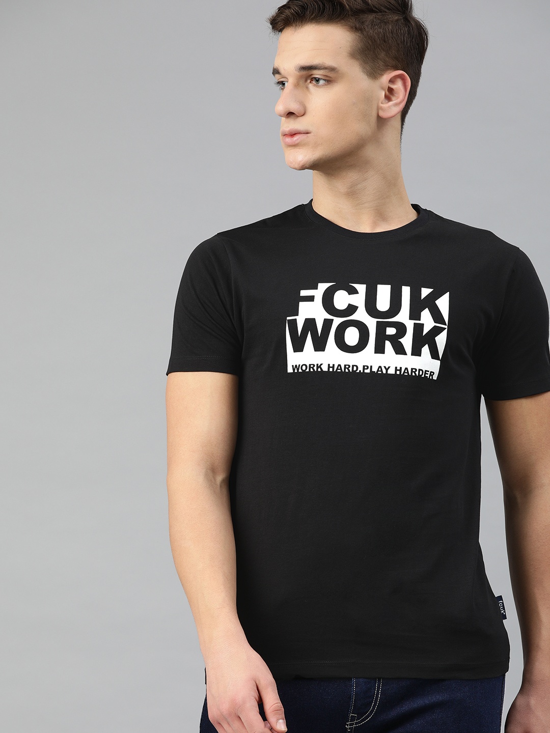 

French Connection Men Black & White Brand Logo Print Pure Cotton T-shirt
