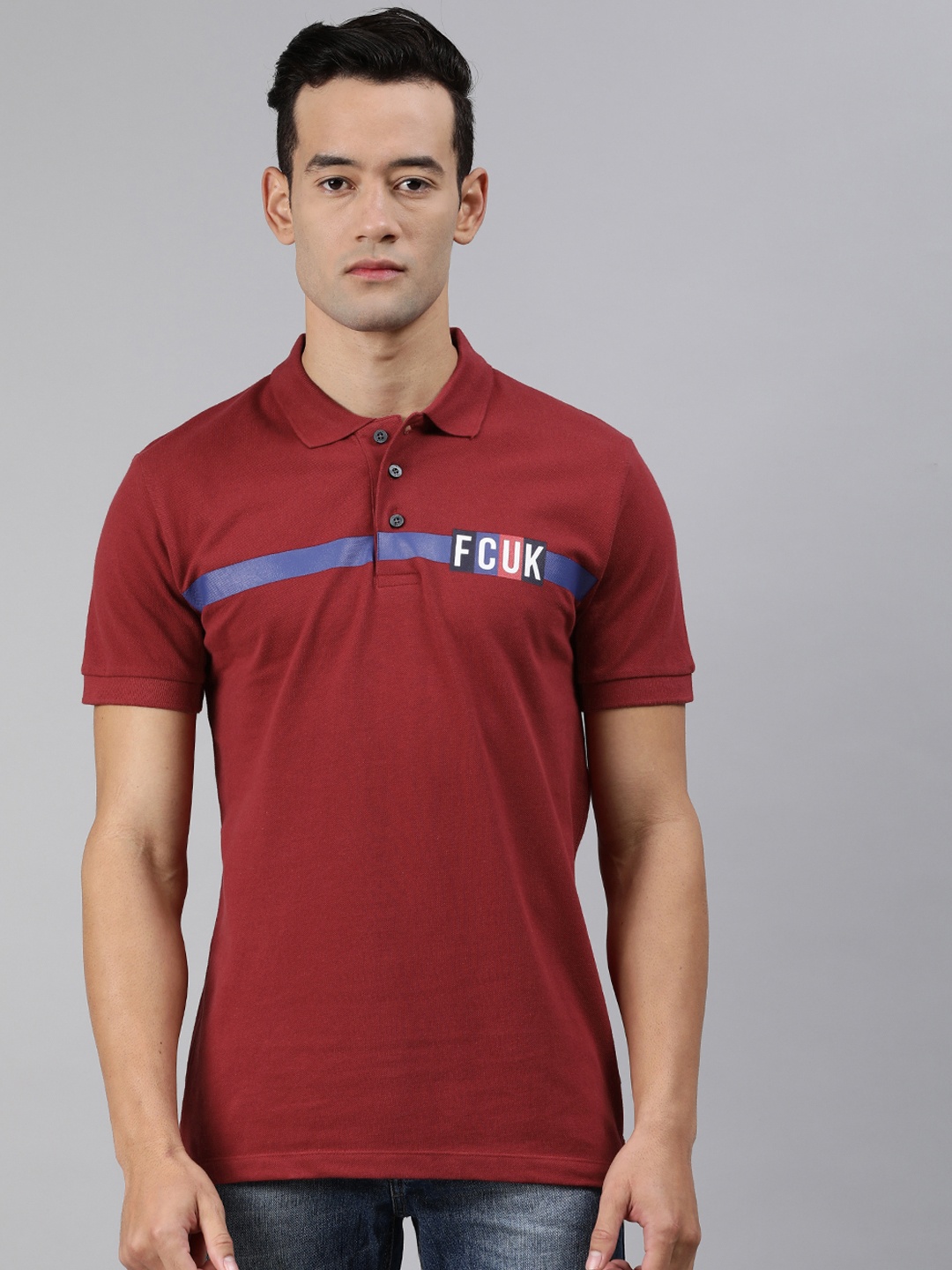 

French Connection Men Black Slim Fit Solid Polo Collar Pure Cotton T-shirt with Logo Print