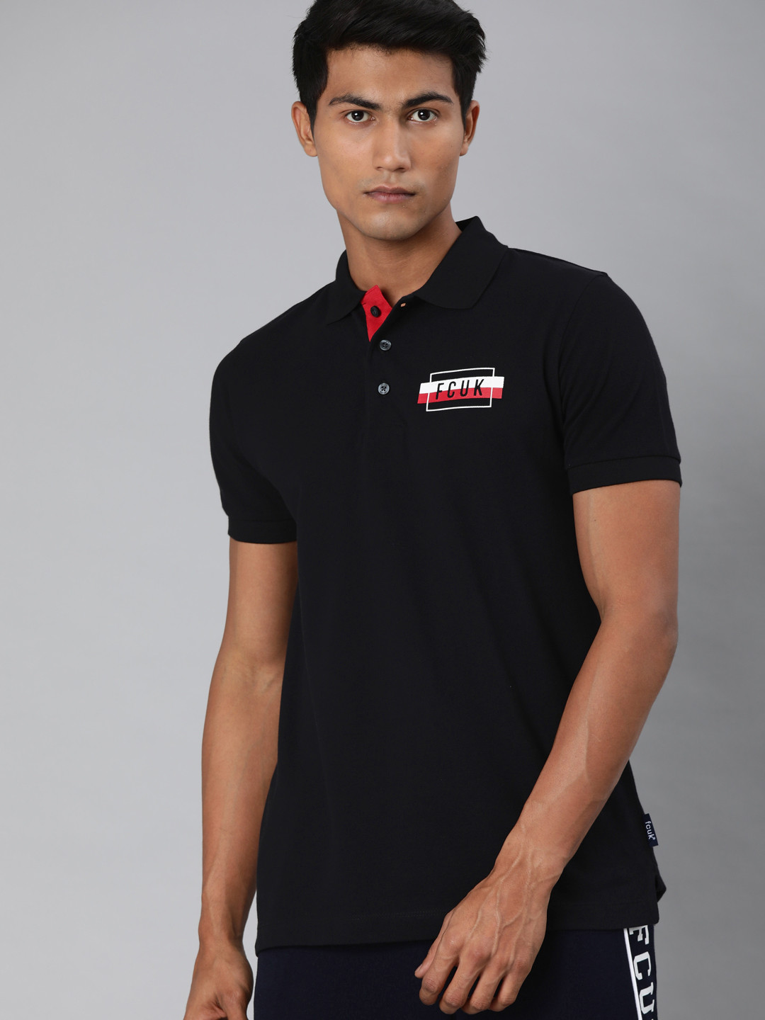 

French Connection Men Black Printed Slim Fit Polo Collar T-shirt