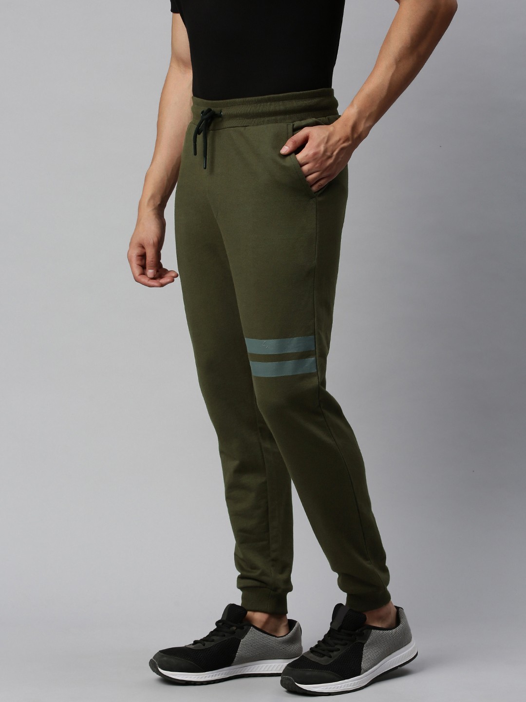 

French Connection Men Olive Green Slim Fit Solid Joggers with Striped Detailing