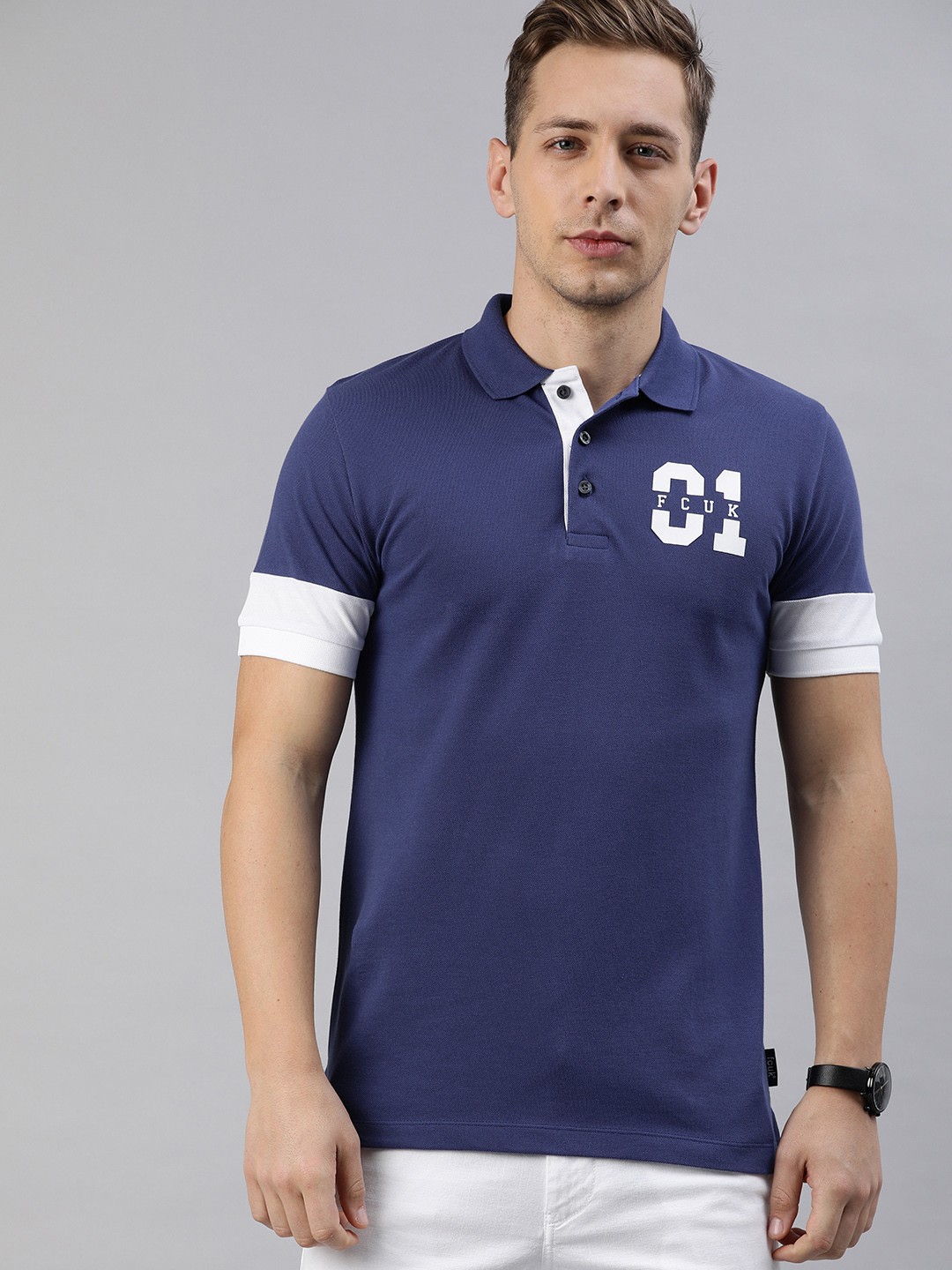 

French Connection Men Blue Slim Fit Solid Polo Collar Pure Cotton T-shirt Contrast Detailing