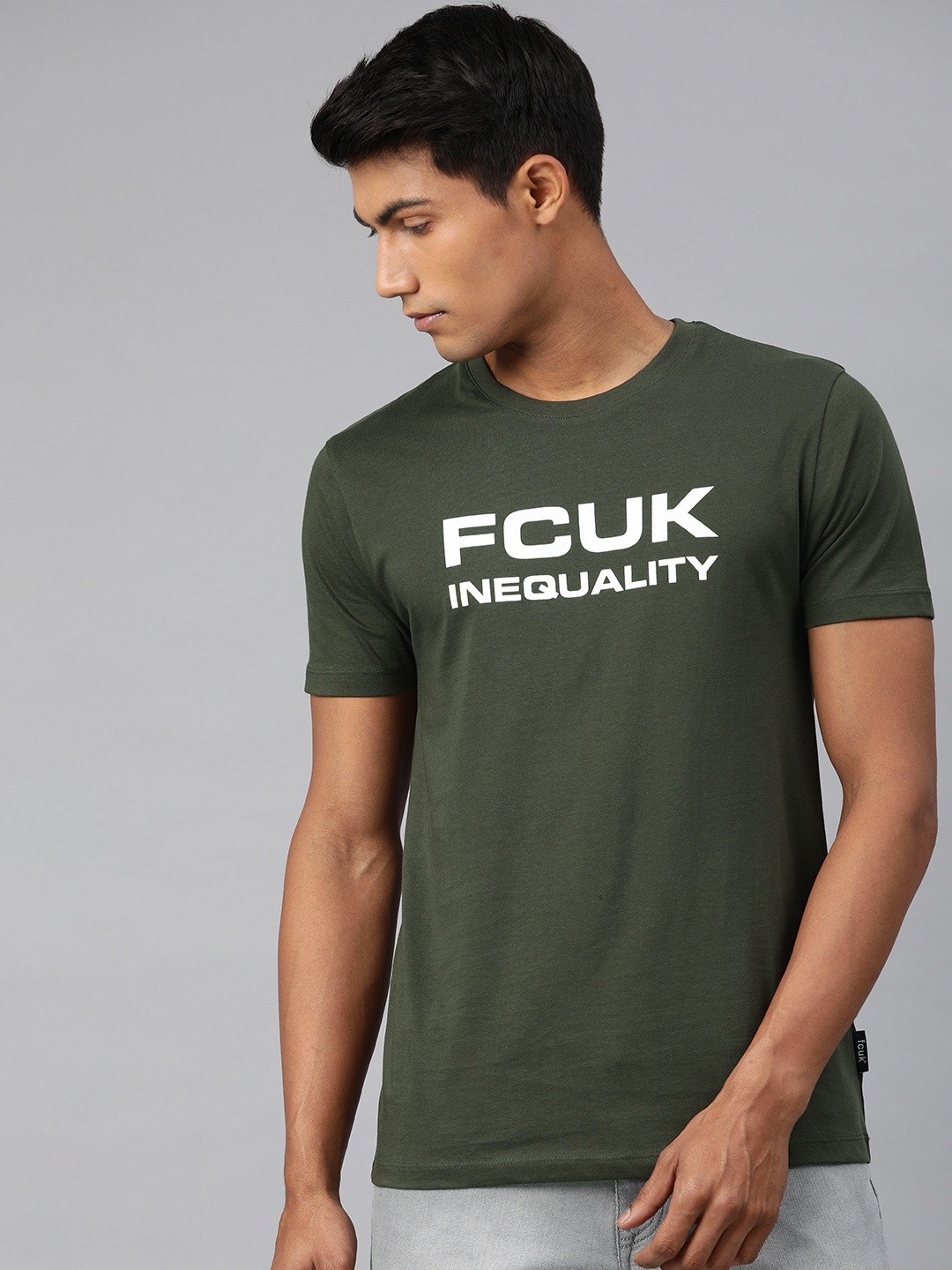 

French Connection Men Olive Green Printed Round Neck T-shirt
