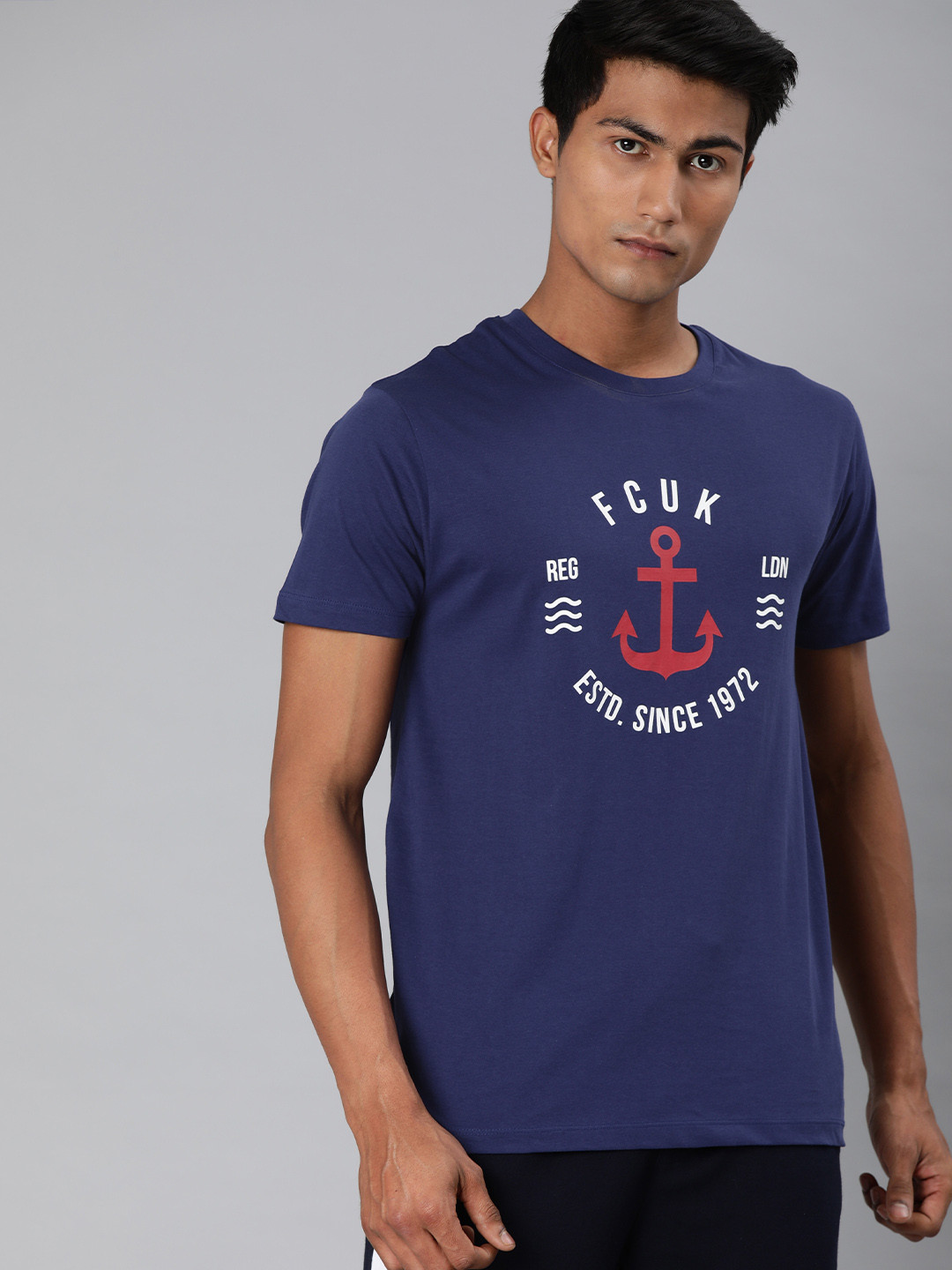

French Connection Men Navy Blue Printed Round Neck T-shirt