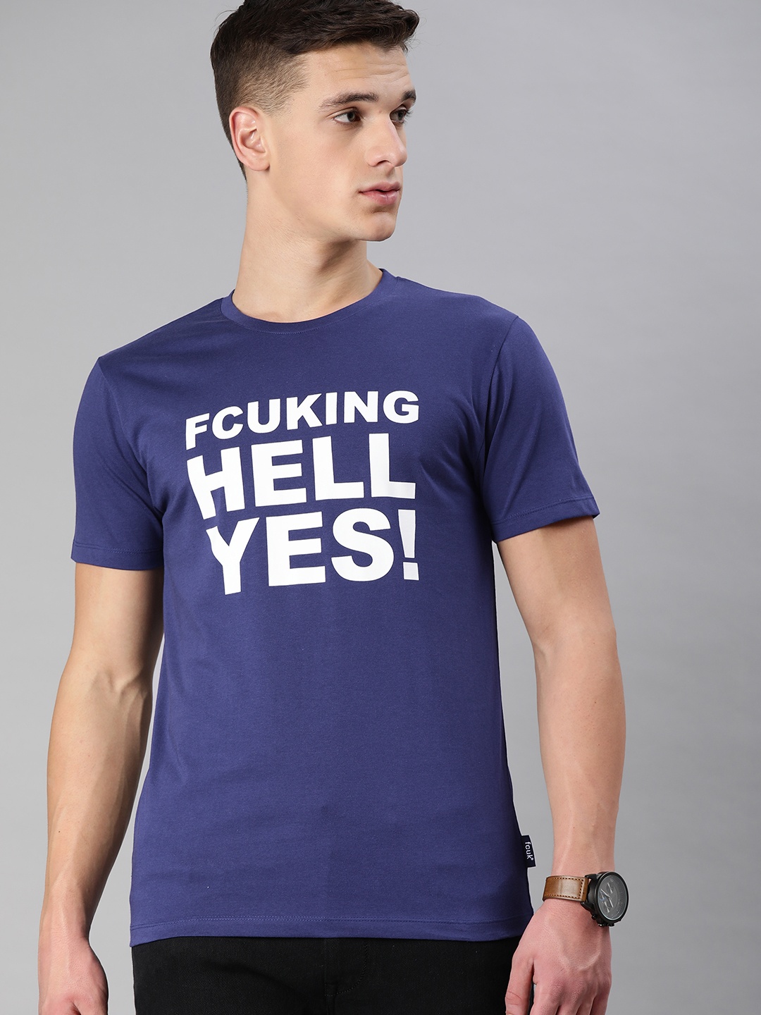 

French Connection Men Blue Printed Pure Cotton Round Neck T-shirt