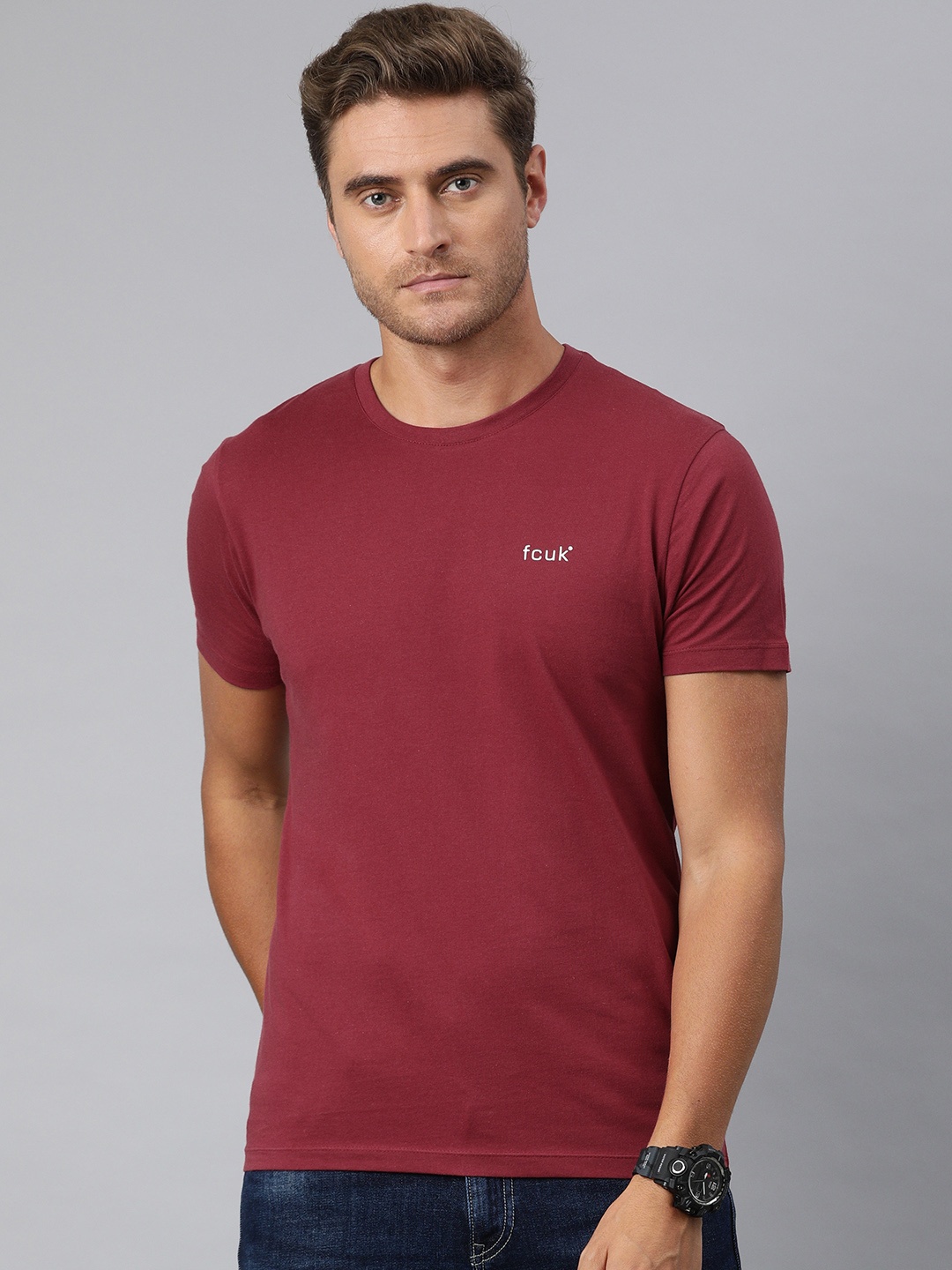 

French Connection Men Red Solid Cotton Round Neck Pure Cotton T-shirt