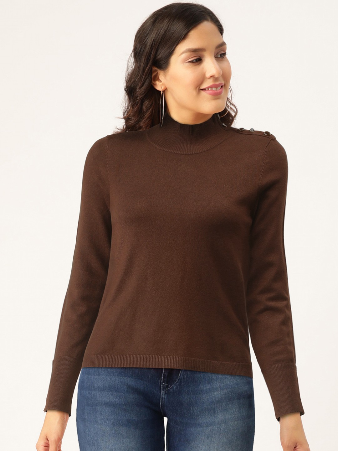 

Madame Women Coffee Brown Solid Pullover Sweater