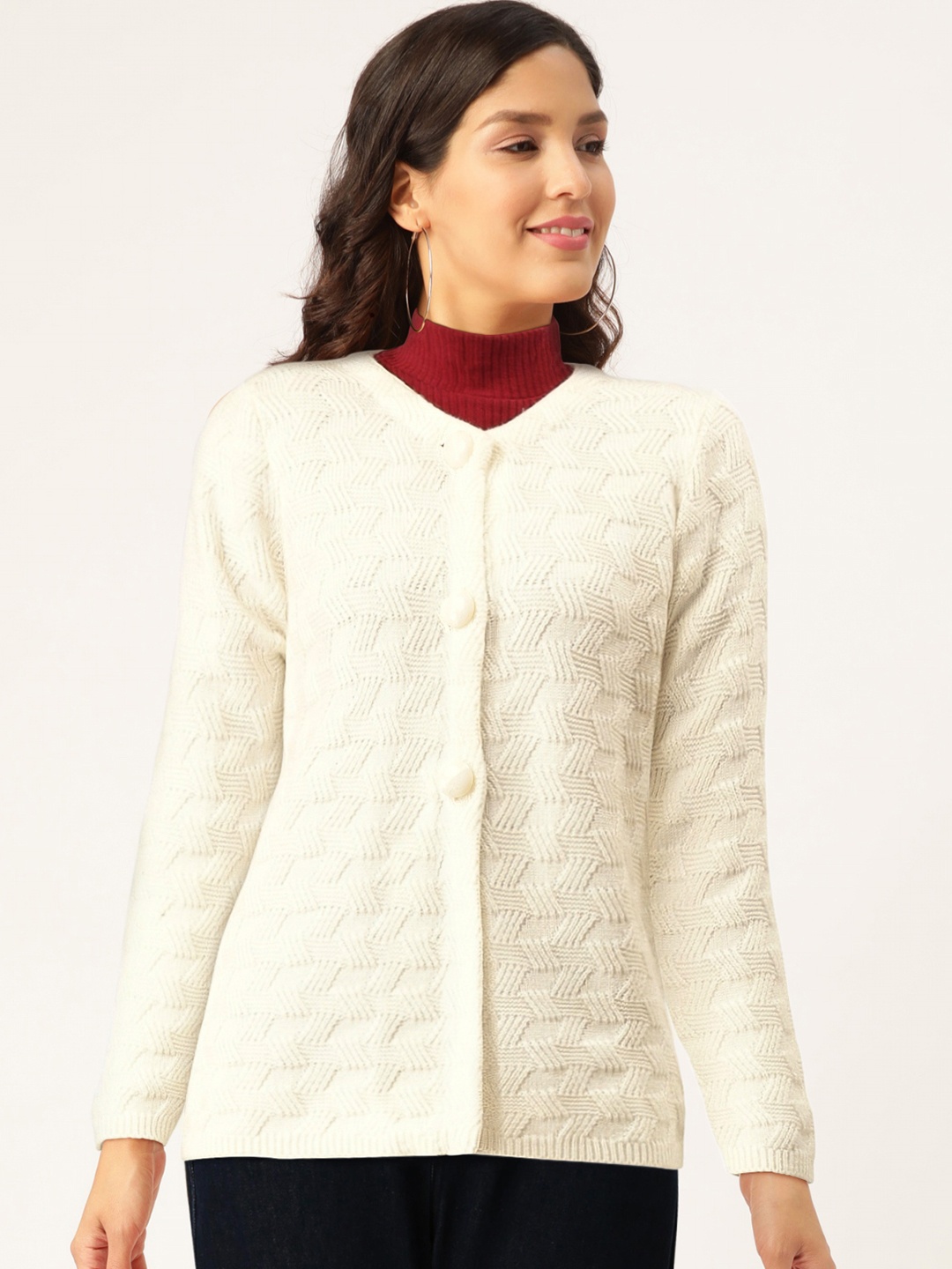 

Madame Women Off-White Geometric Self-Design Cardigan Sweater