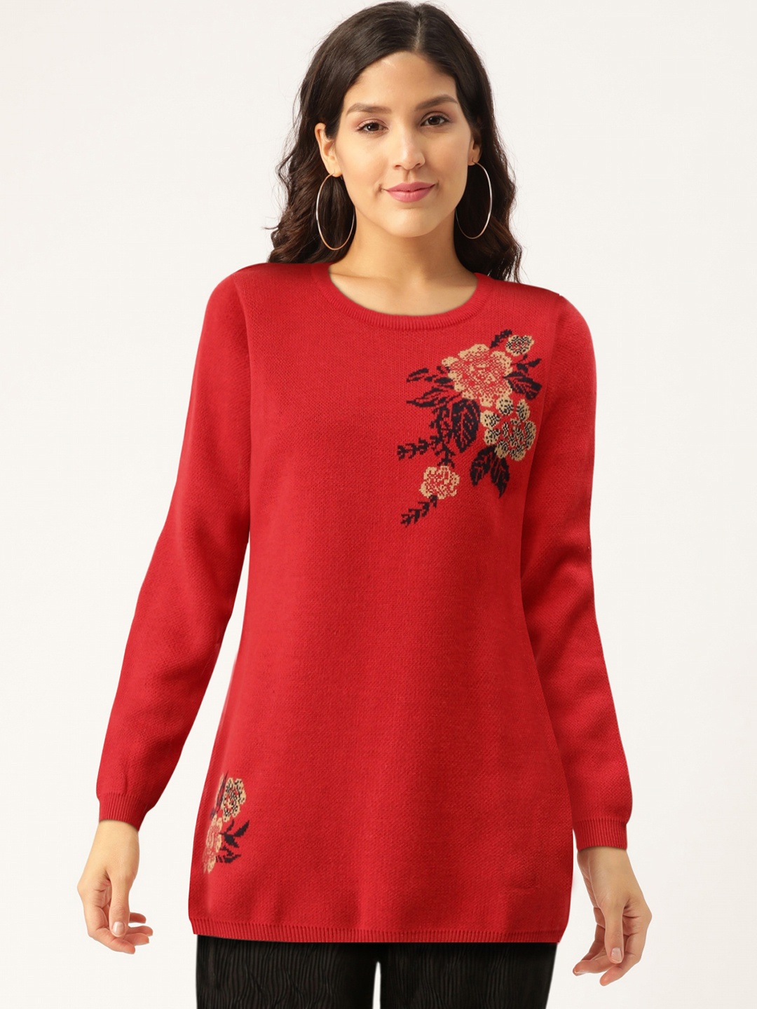 

Madame Women Red & Black Floral Self-Design Longline Pullover Sweater