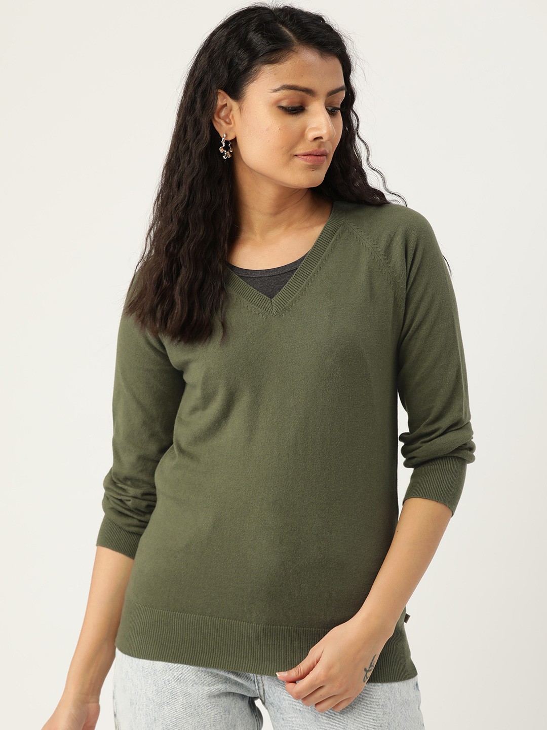 

Madame Women Olive Green Solid Pullover Sweater