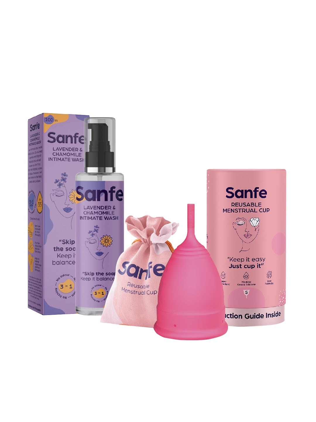 

Sanfe Worry Free Set - Perfect Fit Menstrual Cups Small & Intimate Wash - 100 ml Lavender, Pink