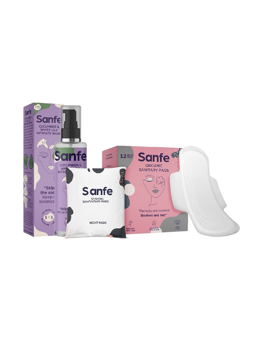 

Sanfe Clean Period Set - Bamboo Sanitary Night Pads -12 & Intimate Wash - Cucumber, Purple