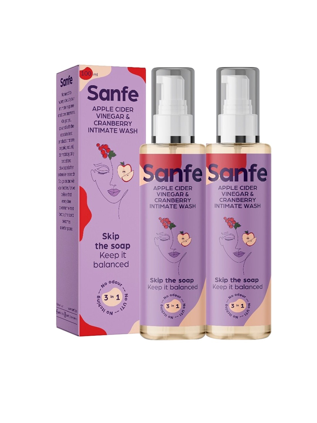 

Sanfe Set of 2 Apple Cider Vinegar & Cranberry pH Balance Intimate Wash 100 ml Each, Purple