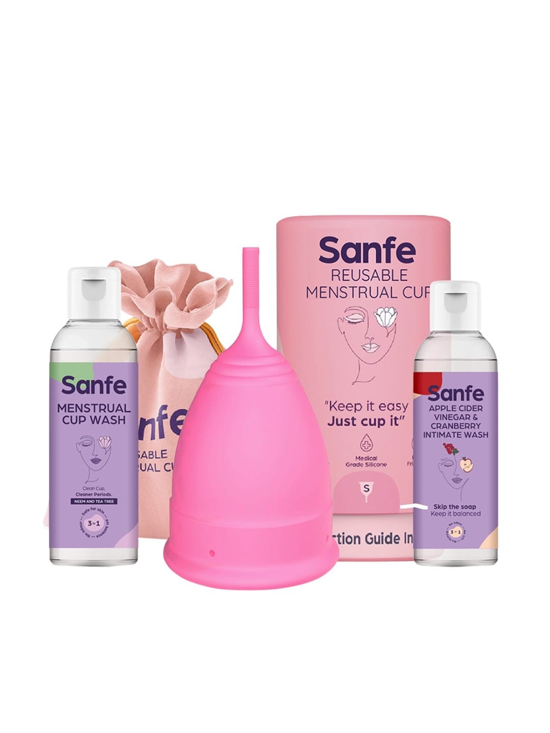 

Sanfe Kit - Menstrual Cup - Small Size with Pouch - Intimate Wash & Cup Wash, Pink