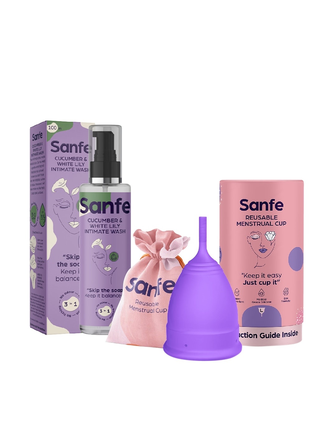 

Sanfe Worry Free Set- Large Menstrual Cup & Cucumber Intimate Wash 100 ml, Purple