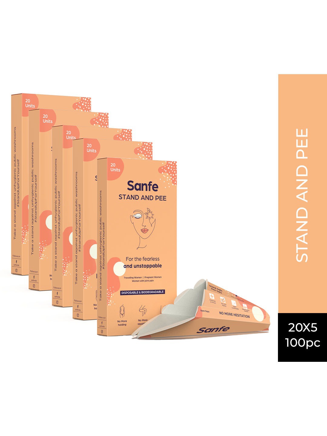 

Sanfe Women Pack of 5 Stand and Pee Biodegradable Urination Funnel - 20 Pcs each, Orange