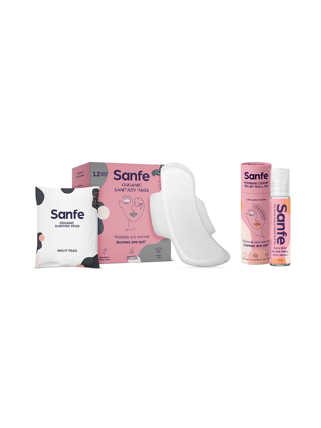 

Sanfe Set of 12 Sanitary Night Sanitary Pads & Feminine Cramp Relief Roll On 10 ml, Pink