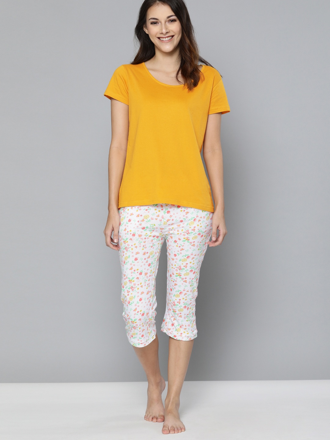 

HERE&NOW Women 2 Pc Mustard Yellow & White Solid Night Suit Set