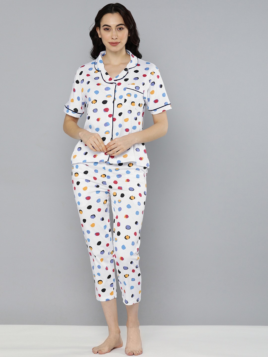 

HERE&NOW Women White & Blue Printed Night suit