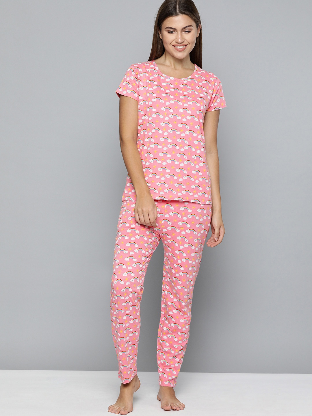 

HERE&NOW Women 2 Pc Pink Conversational Printed Night suit