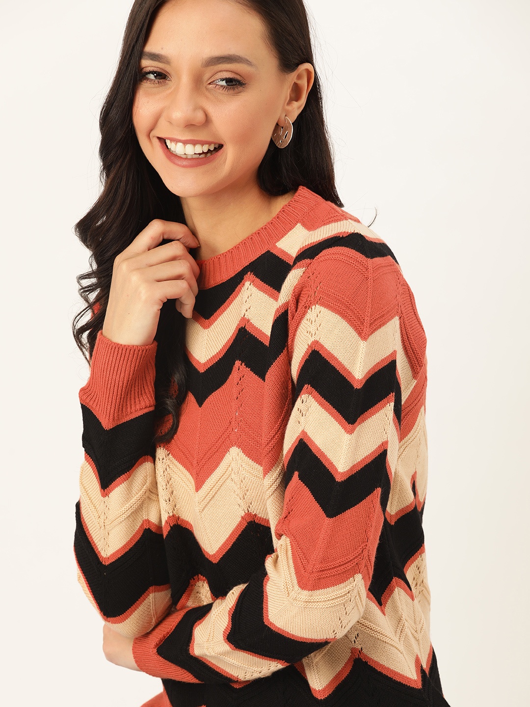

DressBerry Women Rust Orange & Beige Self Design Pullover Sweater