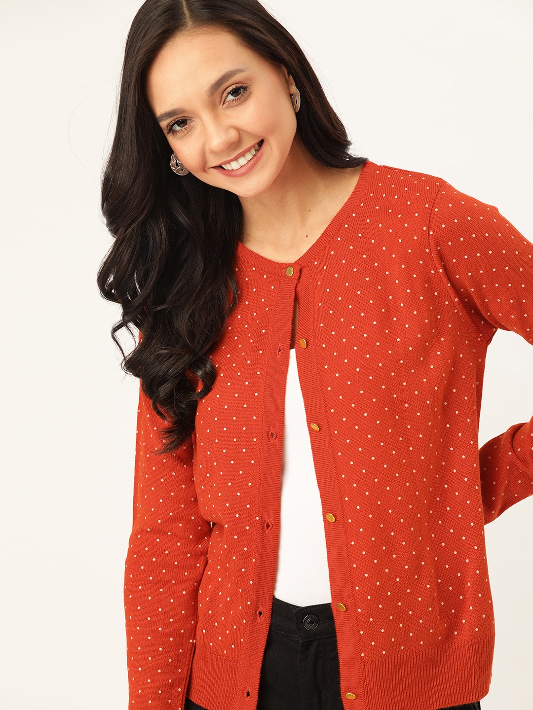 

DressBerry Women Rust Red Printed Cardigan Sweater
