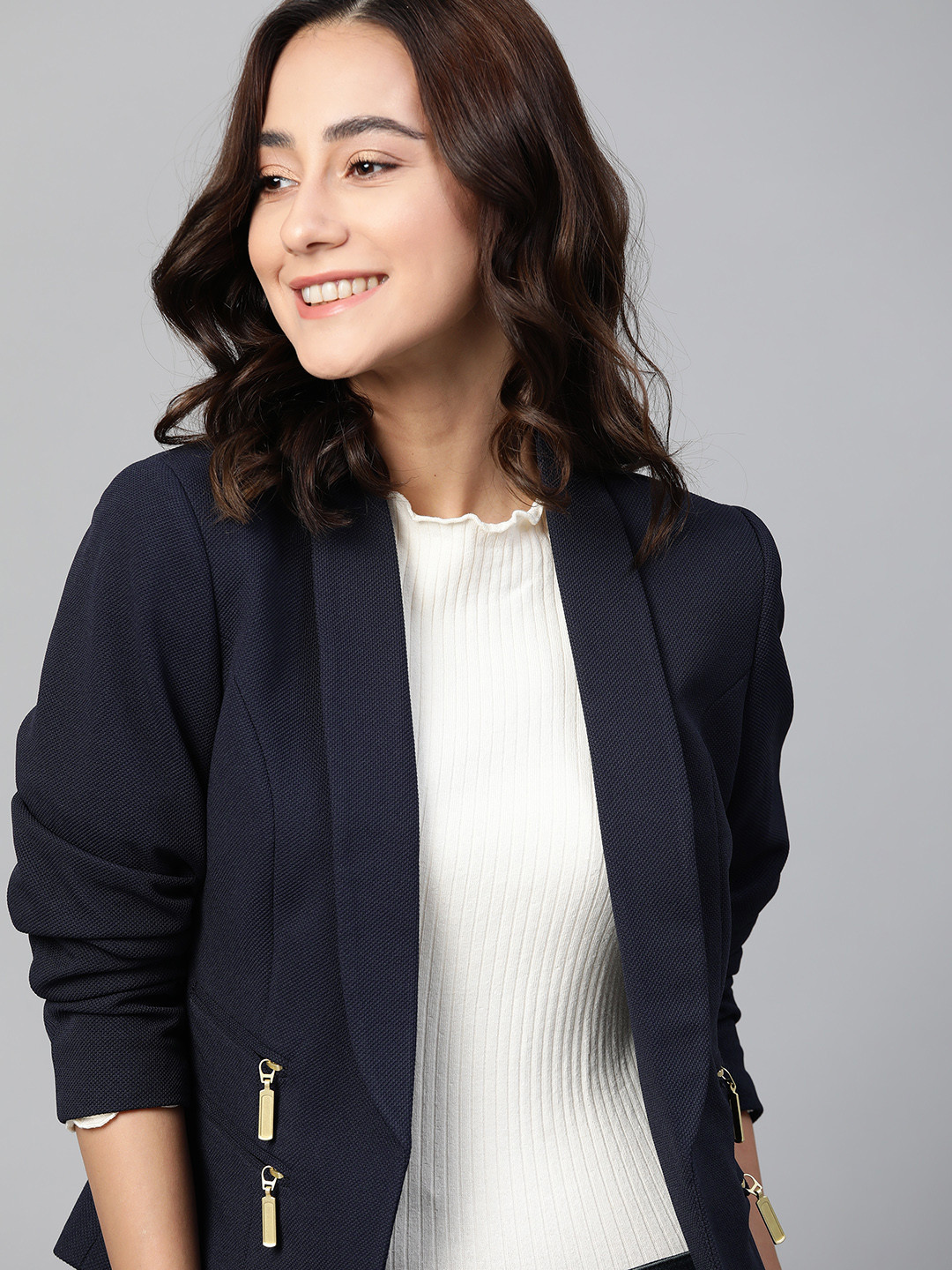 

Mast & Harbour Women Navy Blue Slim Fit Self-Design Cropped Open Front Blazer