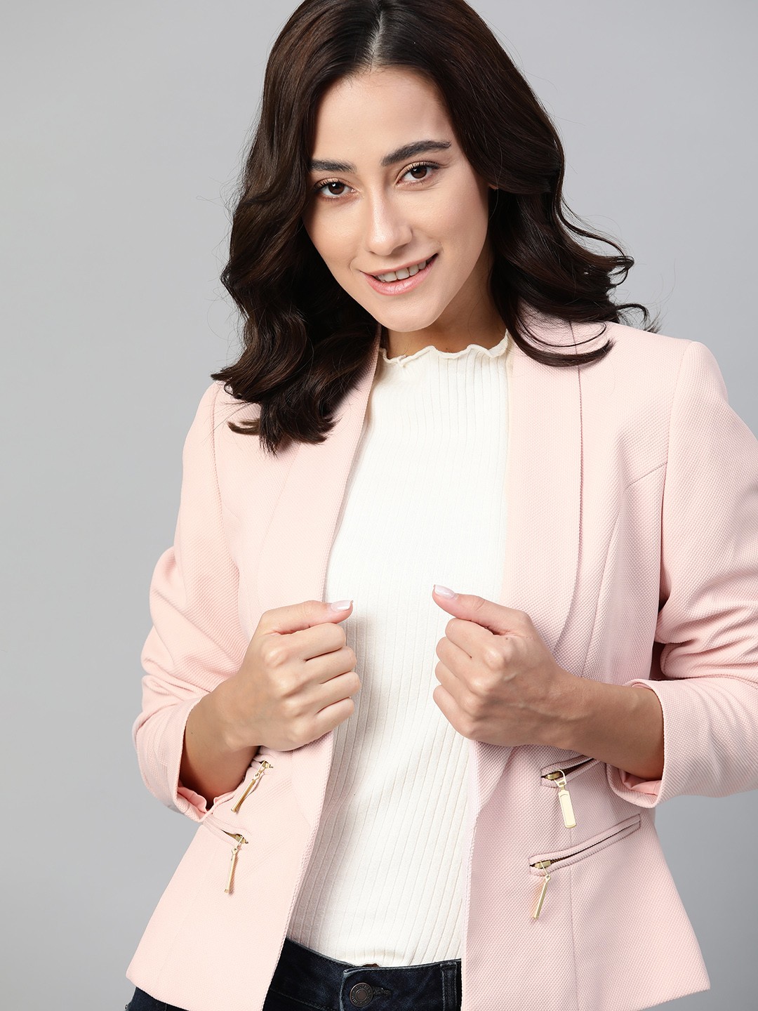 

Mast & Harbour Women Pink Slim Fit Self-Design Cropped Open Front Blazer