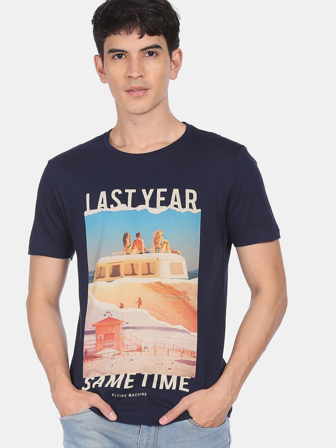 

Flying Machine Men Navy Blue Printed Round Neck Pure Cotton T-shirt