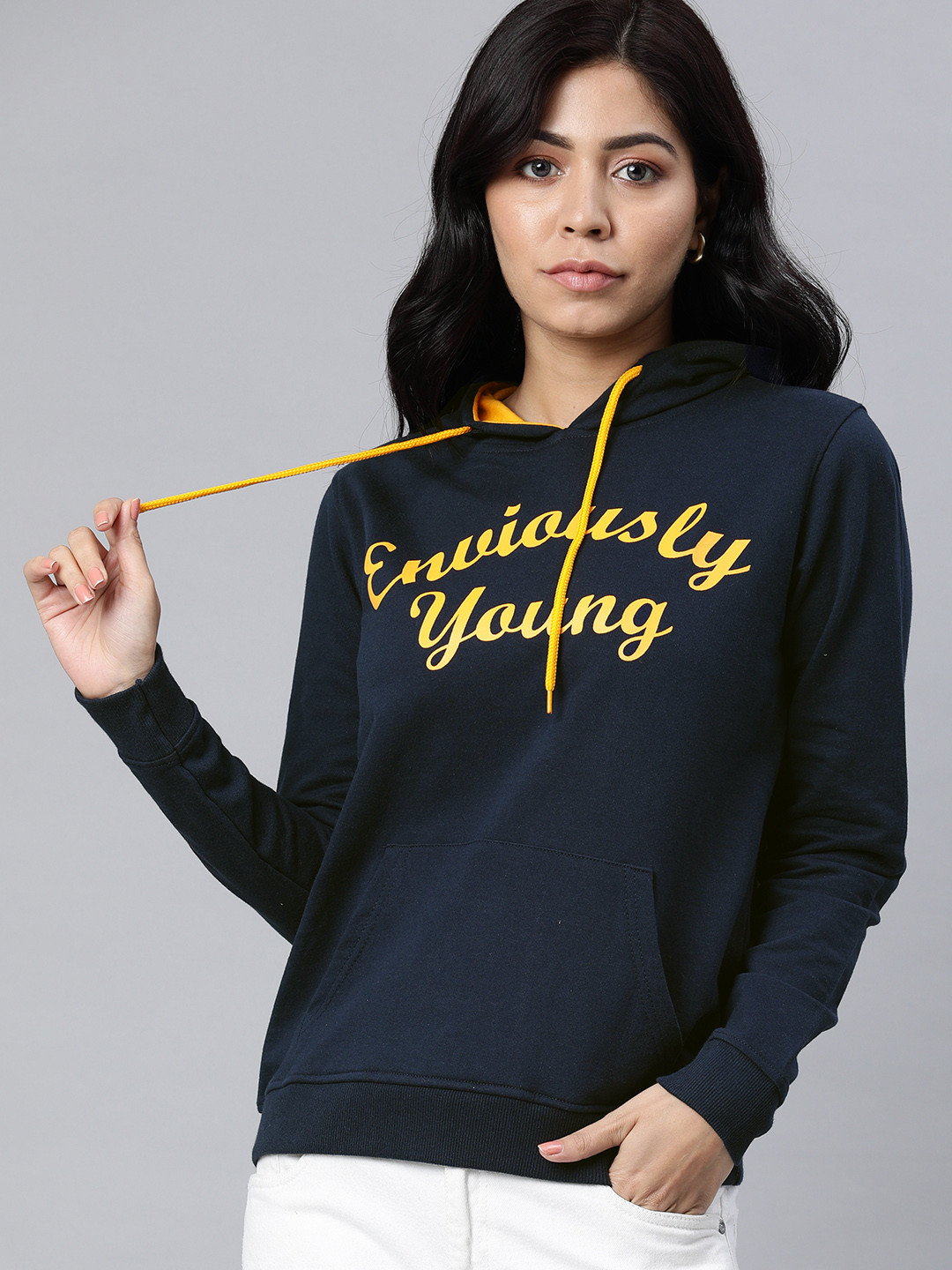 

Enviously Young Women Navy Blue & Yellow Printed Hooded Sweatshirt