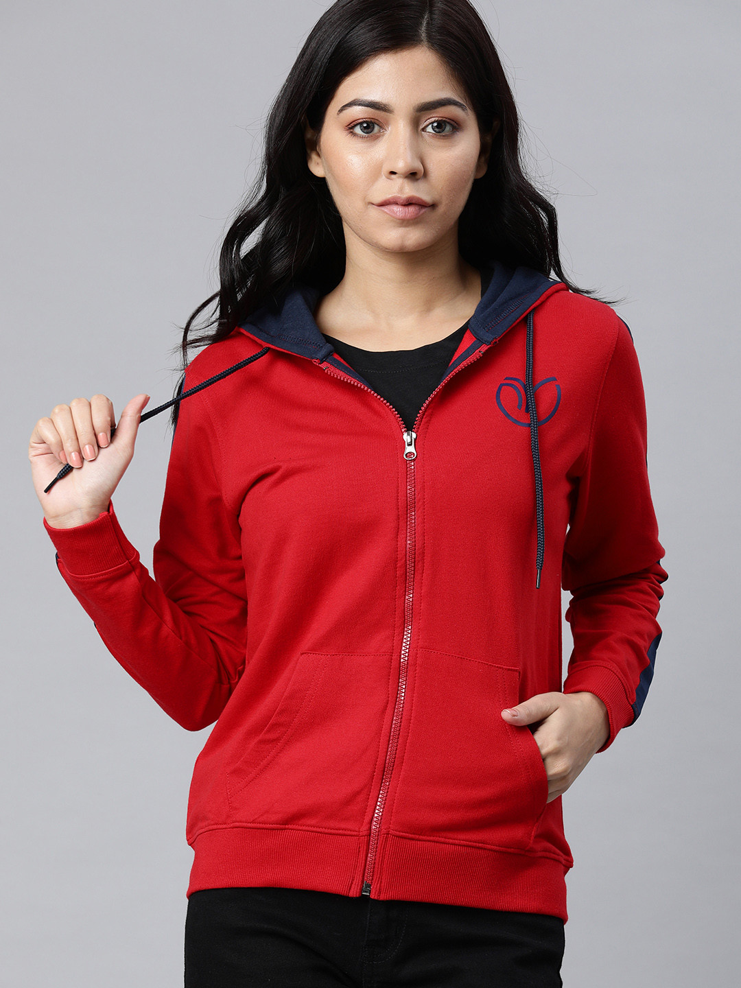 

Enviously Young Women Red Solid Hooded Sweatshirt