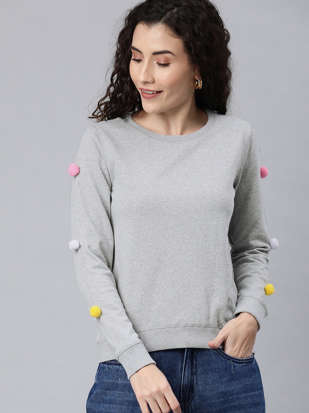 

Enviously Young Women Grey Melange Solid Pompom Sleeve Pullover Sweatshirt