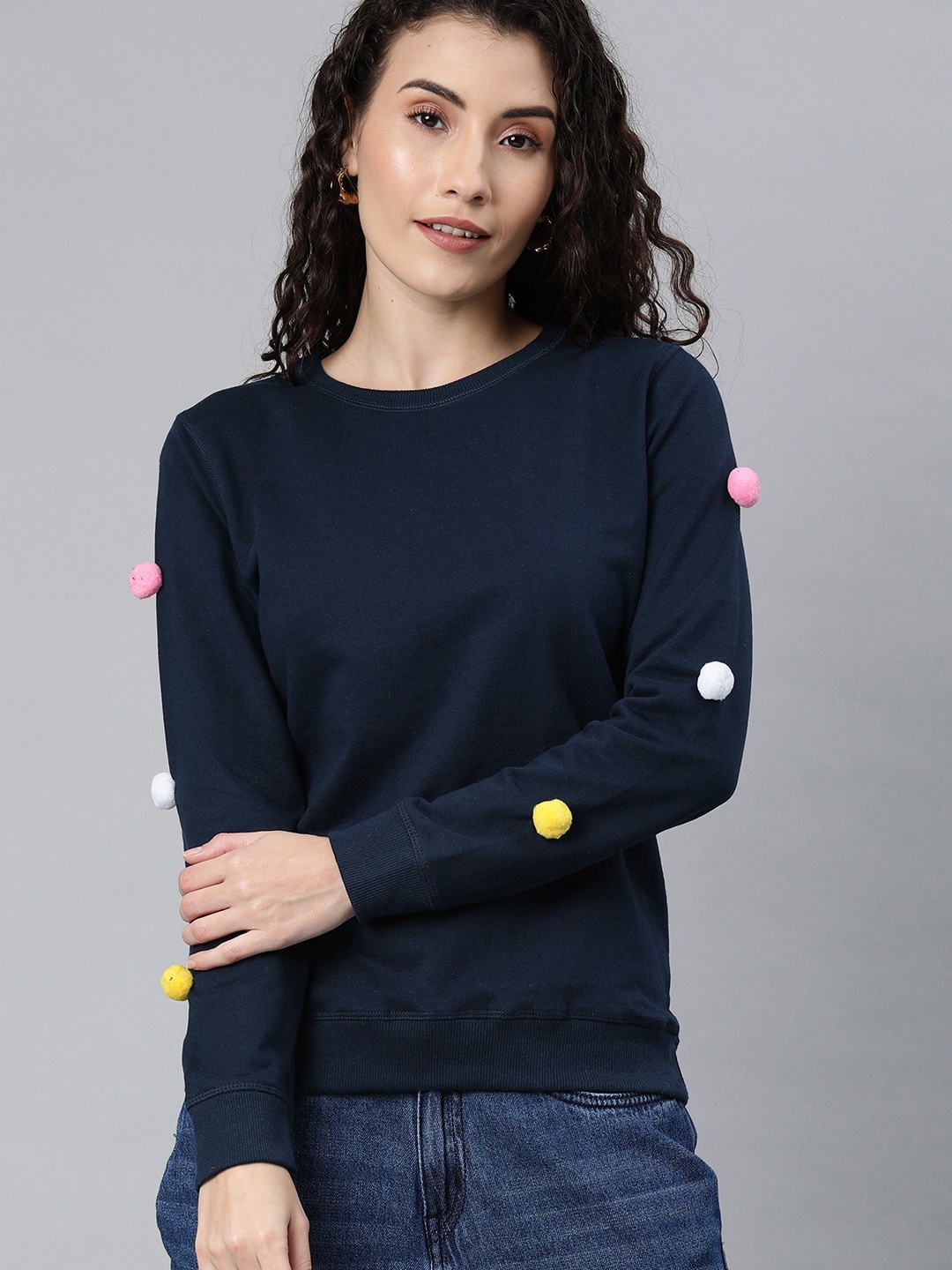 

Enviously Young Women Navy Blue Solid Pompom Sleeve Pullover Sweatshirt