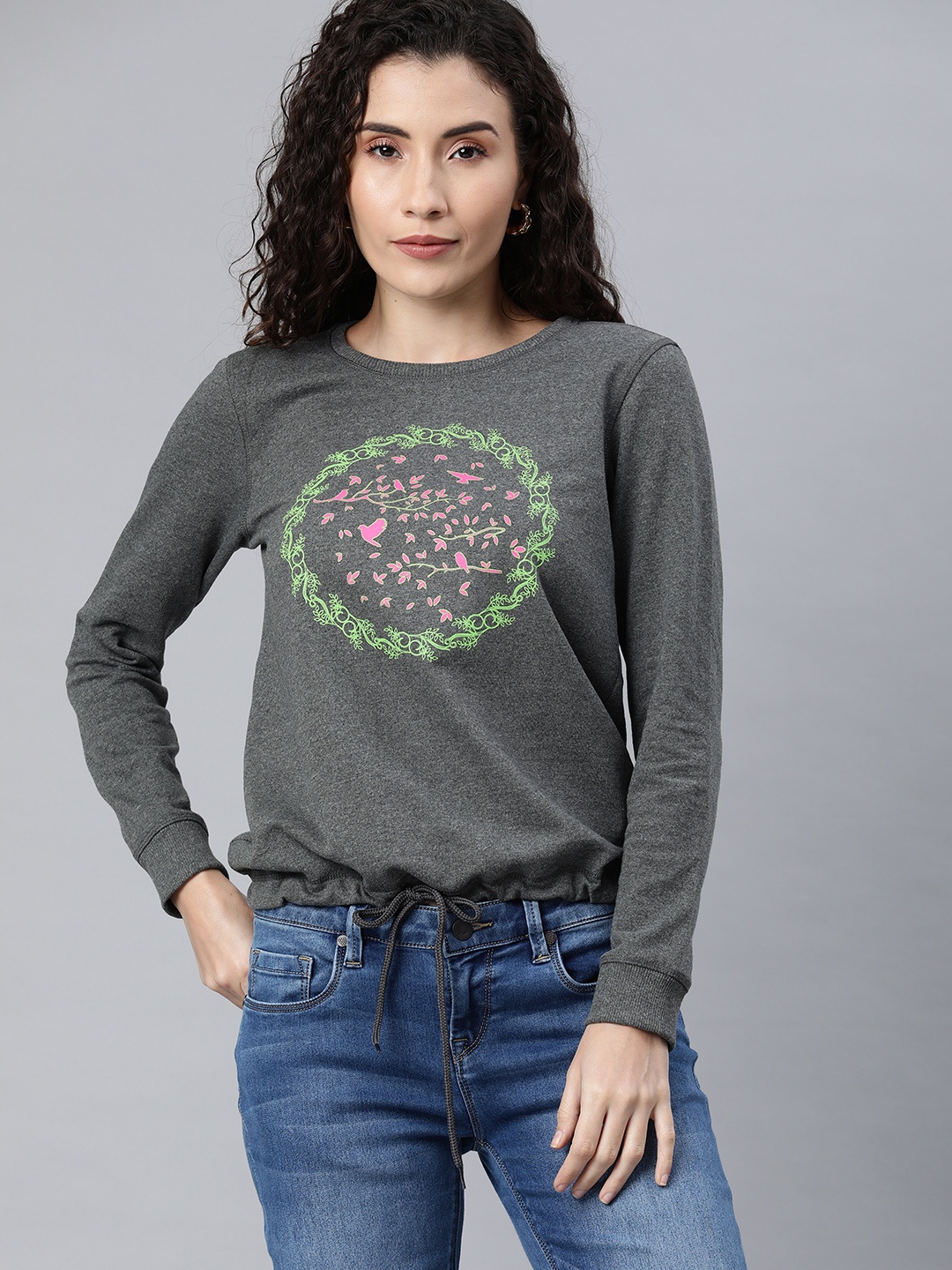 

Enviously Young Women Charcoal & Pink Printed Sweatshirt