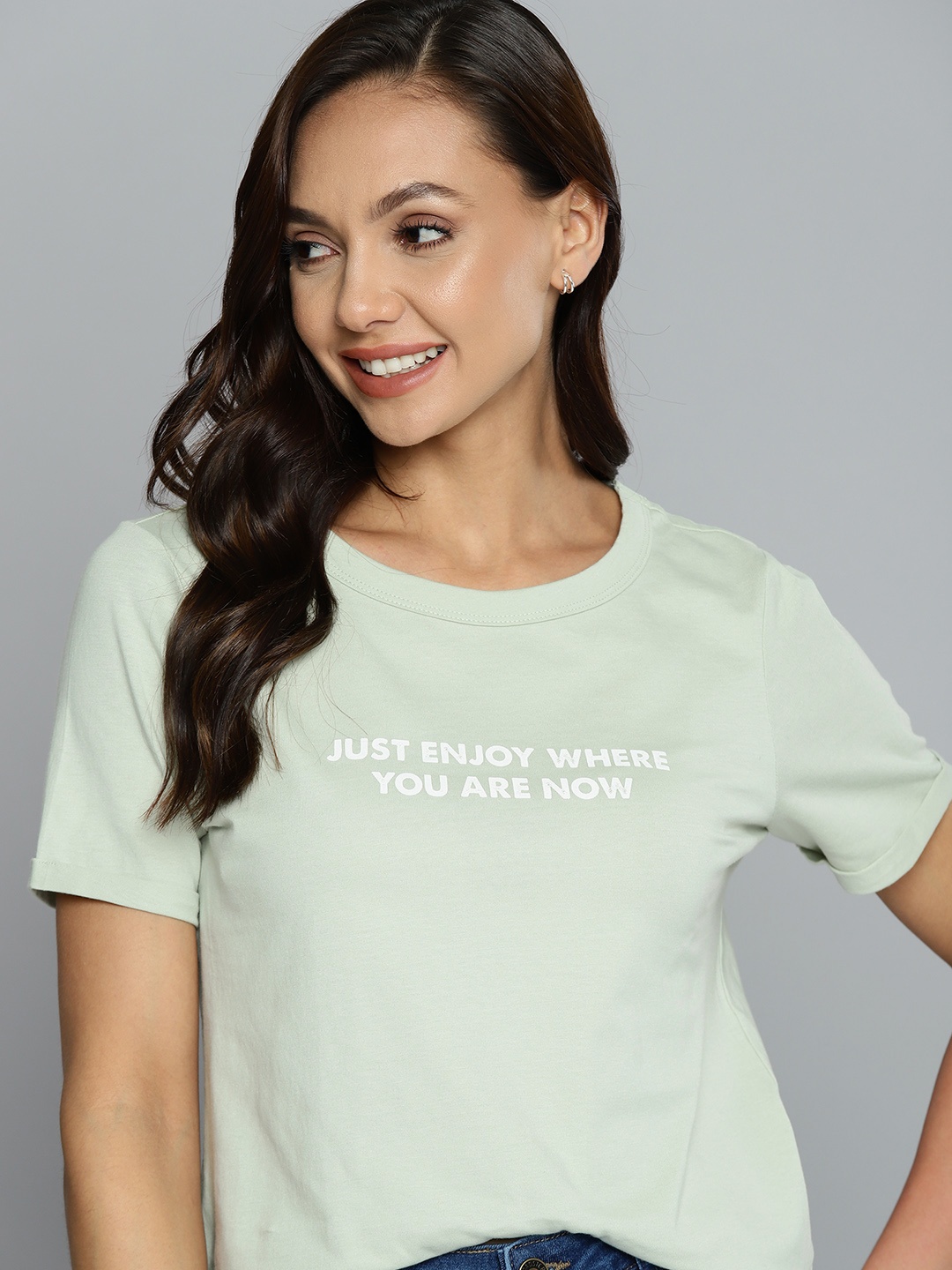 

Mast & Harbour Women Green & White Pure Cotton Typography Printed T-shirt