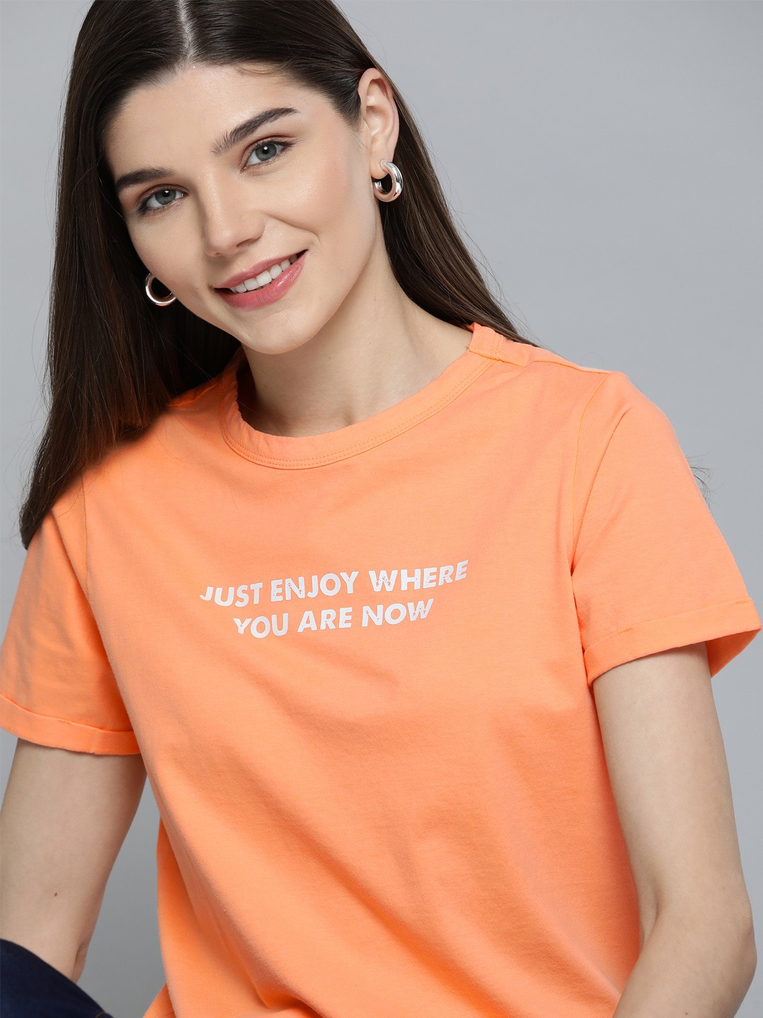 

Mast Harbour Women Orange White Solid Round Neck Pure Cotton T-shirt