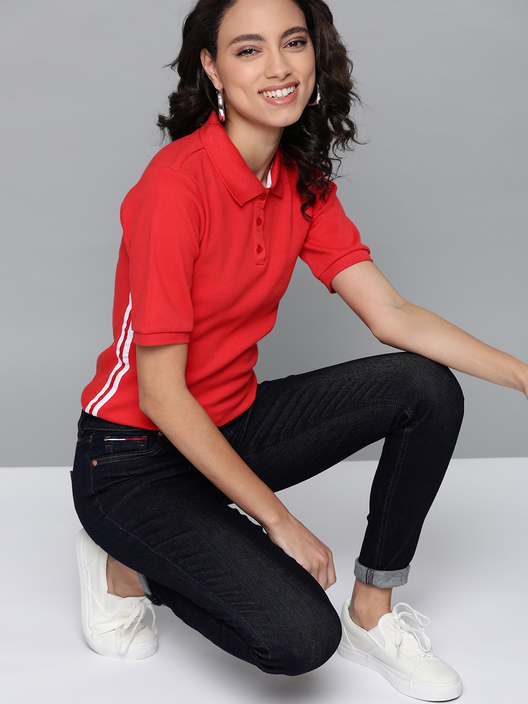 

Mast Harbour Women Red Pure Cotton Solid Polo Collar Pure Cotton T-shirt