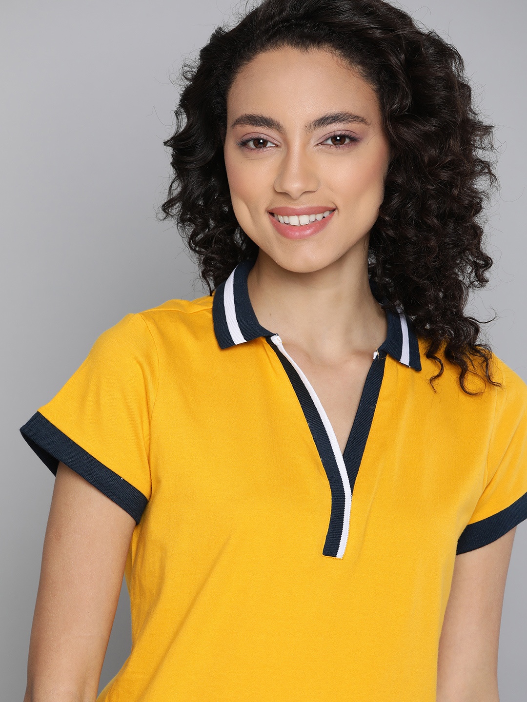 

Mast Harbour Women Mustard Yellow Solid Pure Cotton Polo Collar Pure Cotton T-shirt