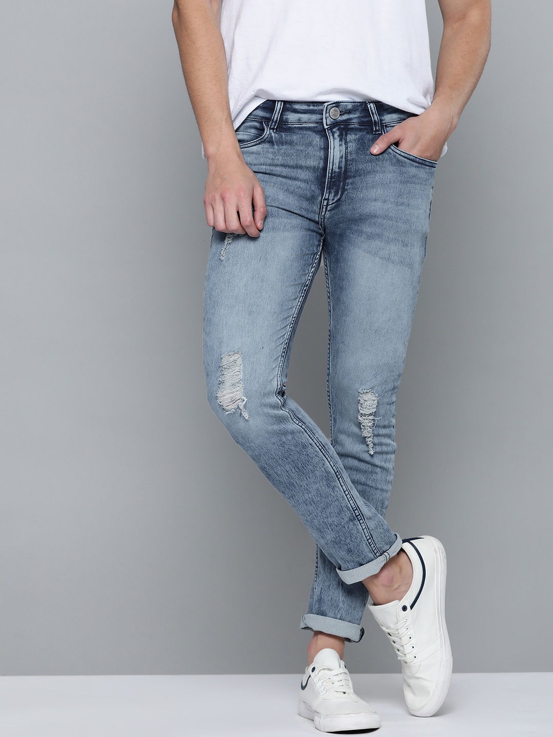 

Mast & Harbour Men Blue Skinny Fit Mid-Rise Mildly Distressed Stretchable Jeans